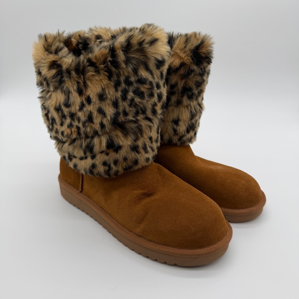 Koolaburra by UGG Victoria Short Women 7 Chestnut Leopard Faux Fur Boots